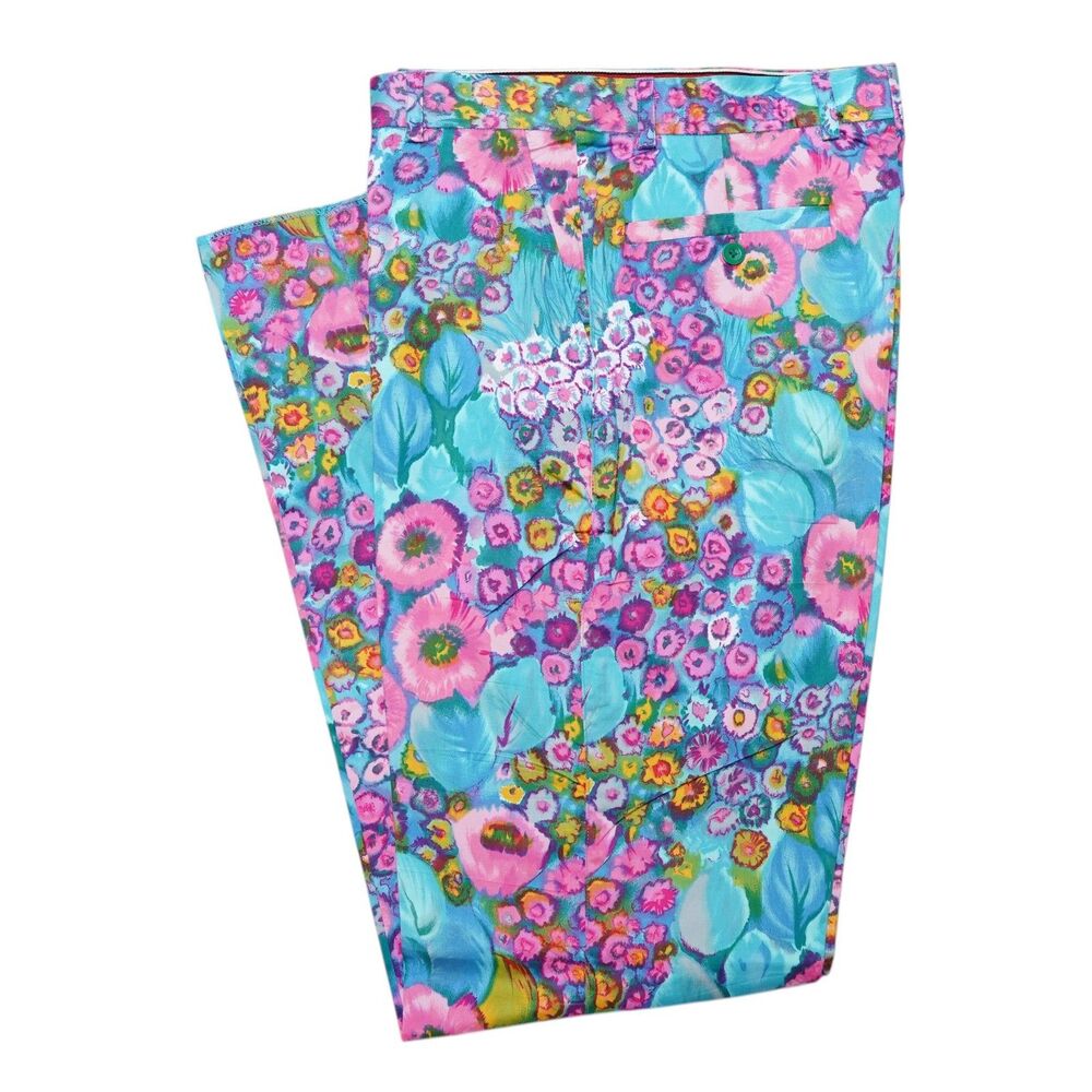 Mens 32 Floral Print Pants Blue Pink Cotton Straight Fit Dress Trousers NWT - Picture 6 of 6